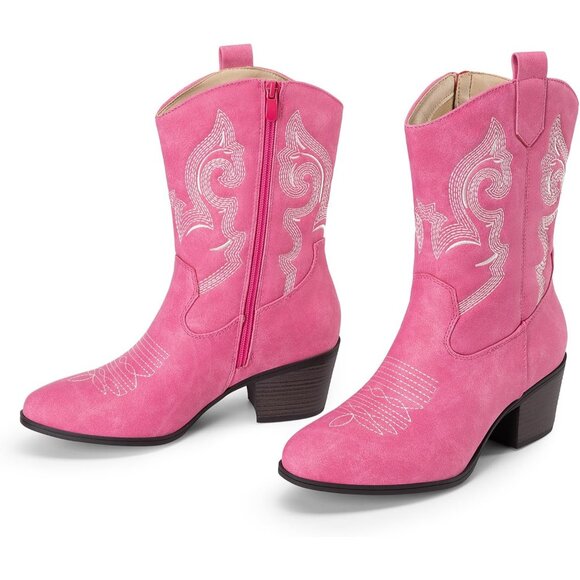 Women Pink Suede leather Embroidered Country Heel Pointed Toe Cowgirl Boots - Picture 3 of 7